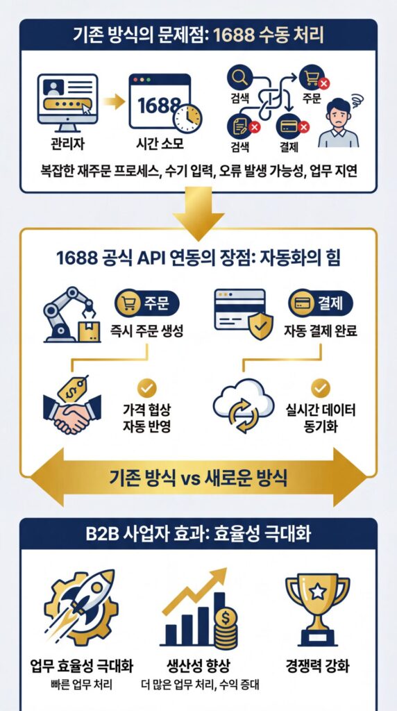 1688 API연동 도입으로 인한 배대지,구매대행 사이트의 업무 효율성을 이미지 화.